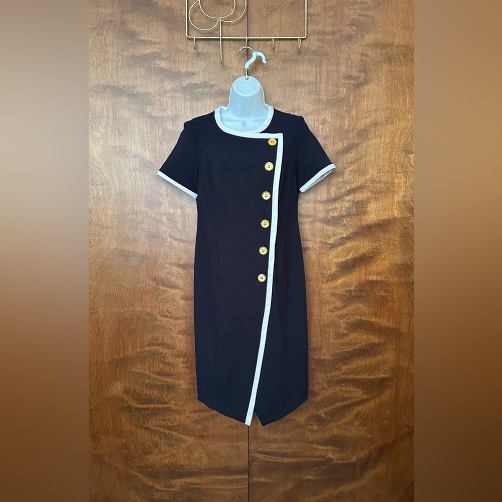 Shelby & Palmer Short Sleeve Asymmetrical Button Sheath Dress Womens 6 Navy Blue